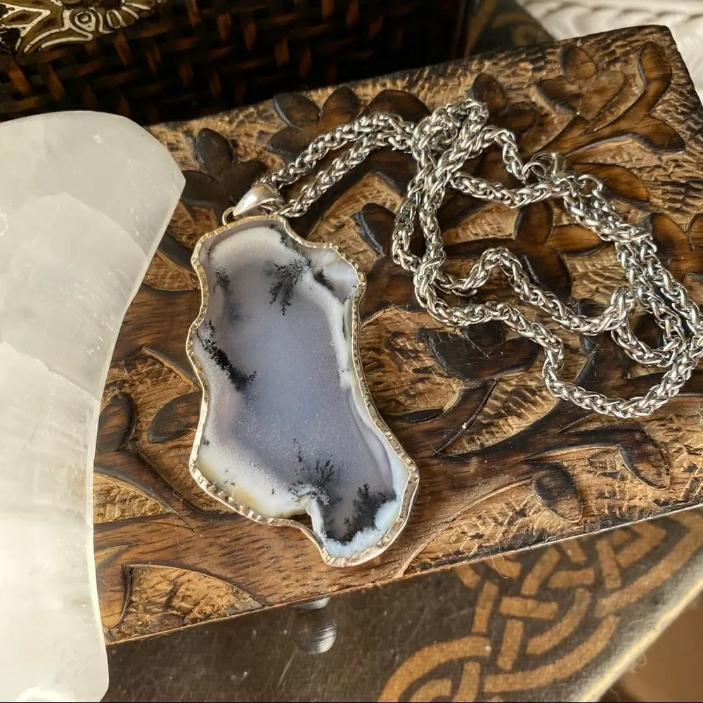 Large Merlinite Dendritic Opal Slice Sterling Silver Pendant Necklace